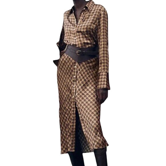 Banana Republic BR Print Brown Tan Silk Button Enchant Shirt Dress sz M NEW Tags - Picture 1 of 14